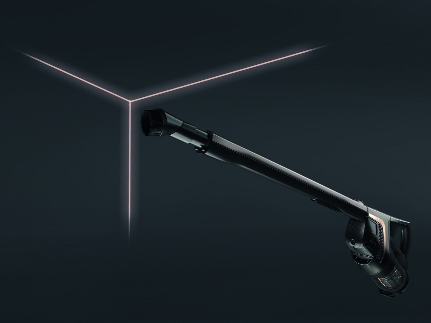 Aspiradora negra con tubo y cepillo, sobre fondo oscuro con líneas luminosas formando un ángulo.