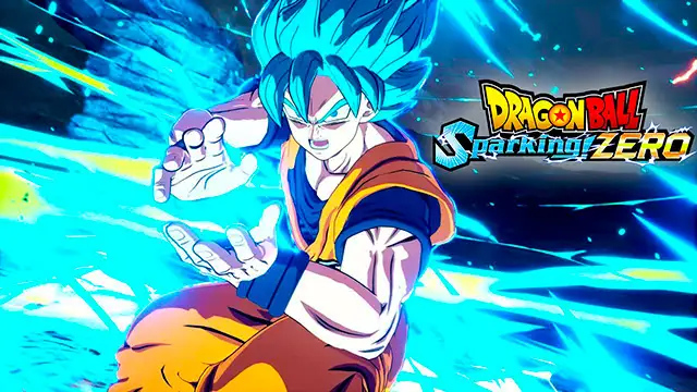 Goku, con pelo azul y traje naranja, está en posición de lucha. Destellos azules lo rodean. A la derecha, el logo de "Dragon Ball Sparking! ZERO".