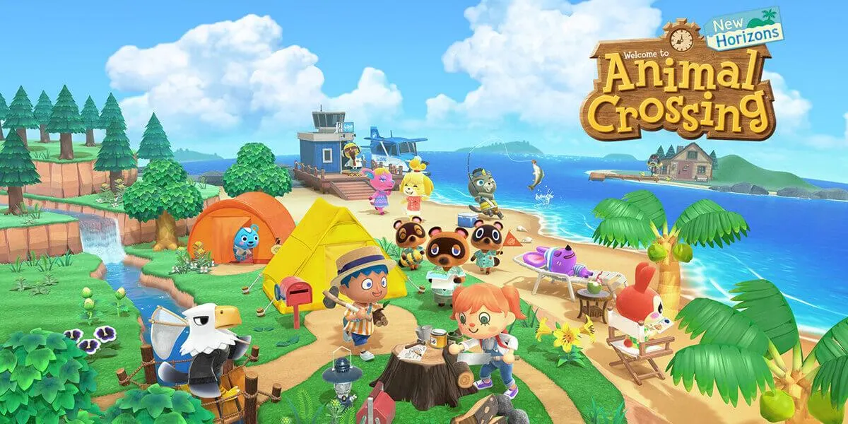 Isla con personajes de Animal Crossing, tiendas de campaña, árboles y mar azul bajo un cielo parcialmente nublado.