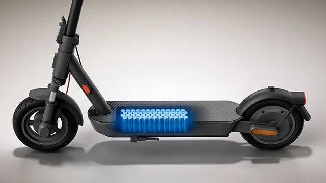 Vista lateral del scooter con batería resaltada, destacando su autonomía y capacidad de recorrido