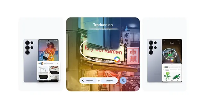 Pantallas de teléfonos muestran la posibilidad de hacer un circulo en una imagen y que te redirija a comprar o google, también la traducción en tiempo real con imagen