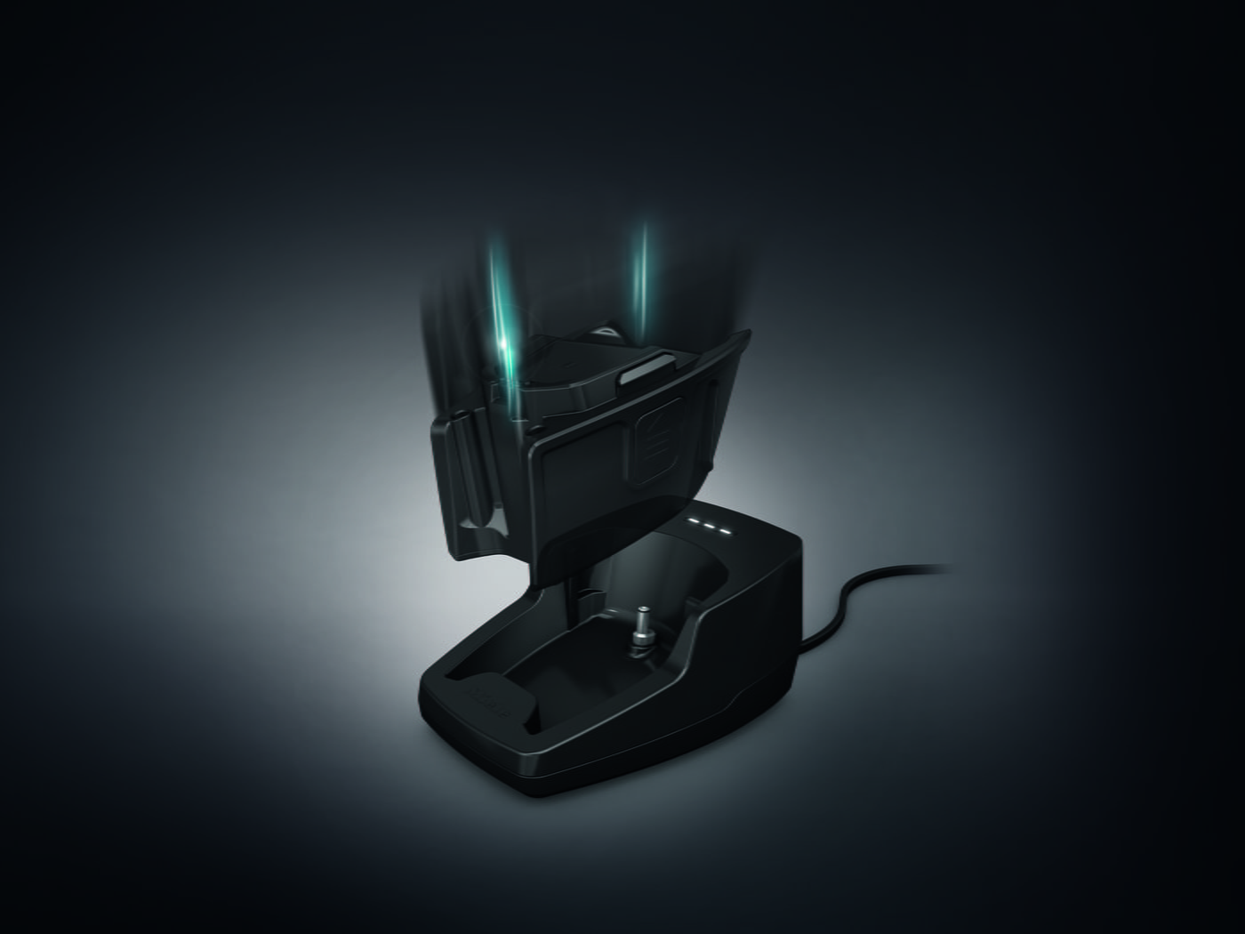 Base de carga negra con cable y luz azul sobre fondo oscuro, con una ranura para colocar un dispositivo.