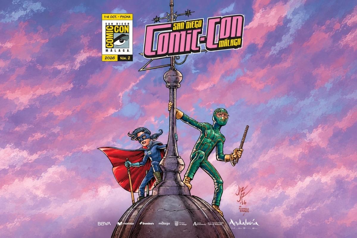 Portada ilustrada de San Diego Comic-Con Málaga con dos superhéroes