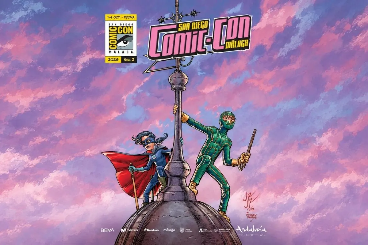 Portada ilustrada de San Diego Comic-Con Málaga con dos superhéroes