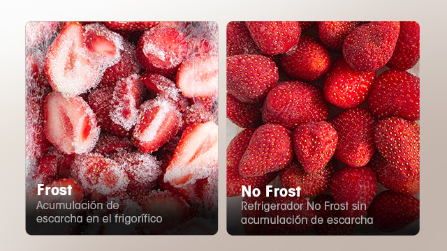 Dos fotos de fresas para graficar la diferencia entre un frigorífico no frost y otro que no tiene la tecnología. 
