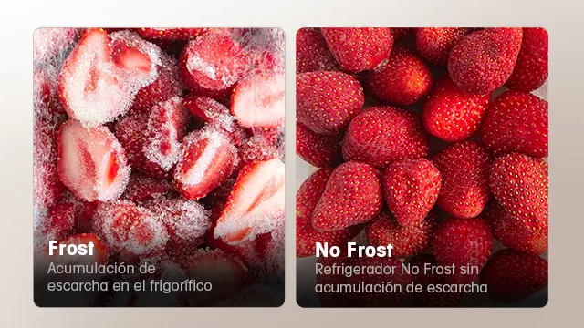 Dos fotos de fresas para graficar la diferencia entre un frigorífico no frost y otro que no tiene la tecnología.
