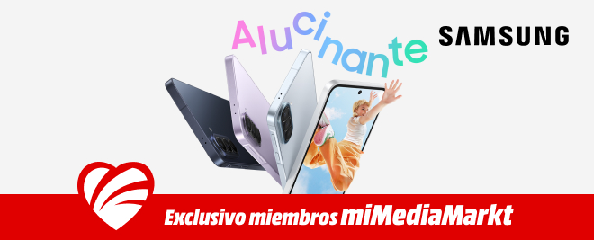 Banner promocional de Samsung con smartphones Galaxy A37 y A57, oferta exclusiva para miembros de miMediaMarkt.