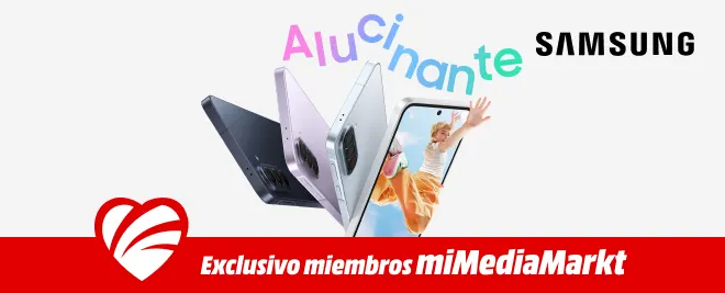 Banner promocional de Samsung con smartphones Galaxy A37 y A57, oferta exclusiva para miembros de miMediaMarkt.