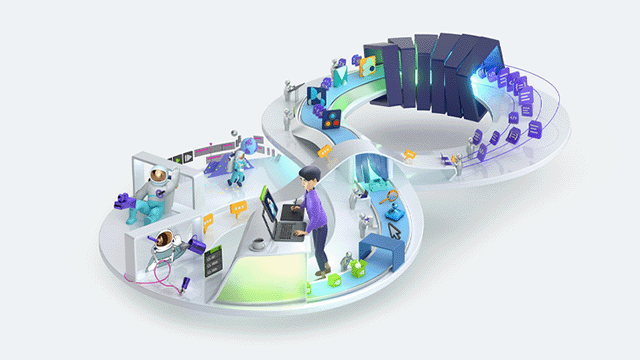Escena con personas y objetos en un entorno digital conectado por una estructura en forma de ocho sobre un fondo blanco.