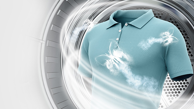 Un polo dentro con el interior de la secadora de fondo con una grafico que muestra la corriente de aire.	