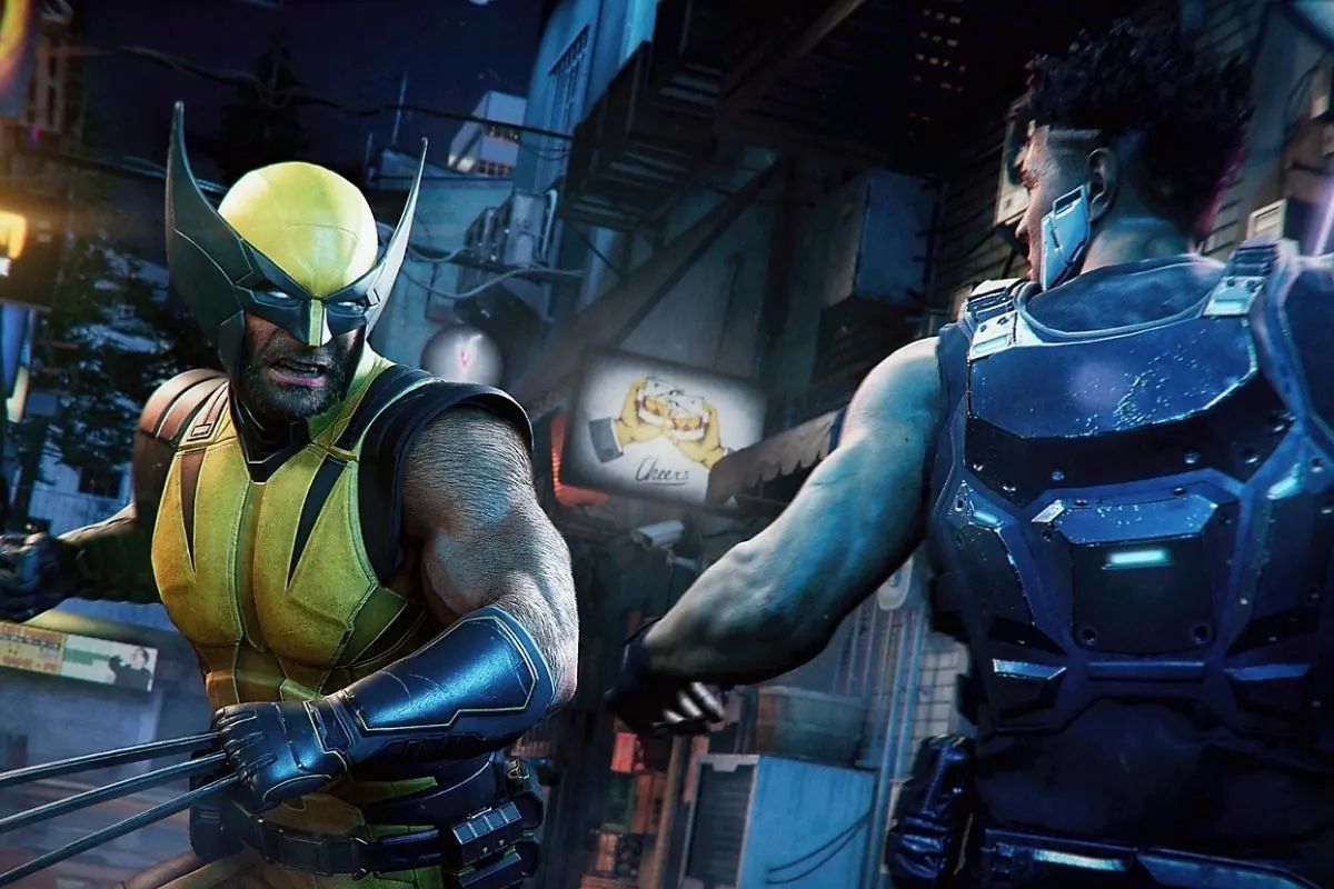 Wolverine con garras enfrentándose a un personaje robótico en una escena de videojuego.
