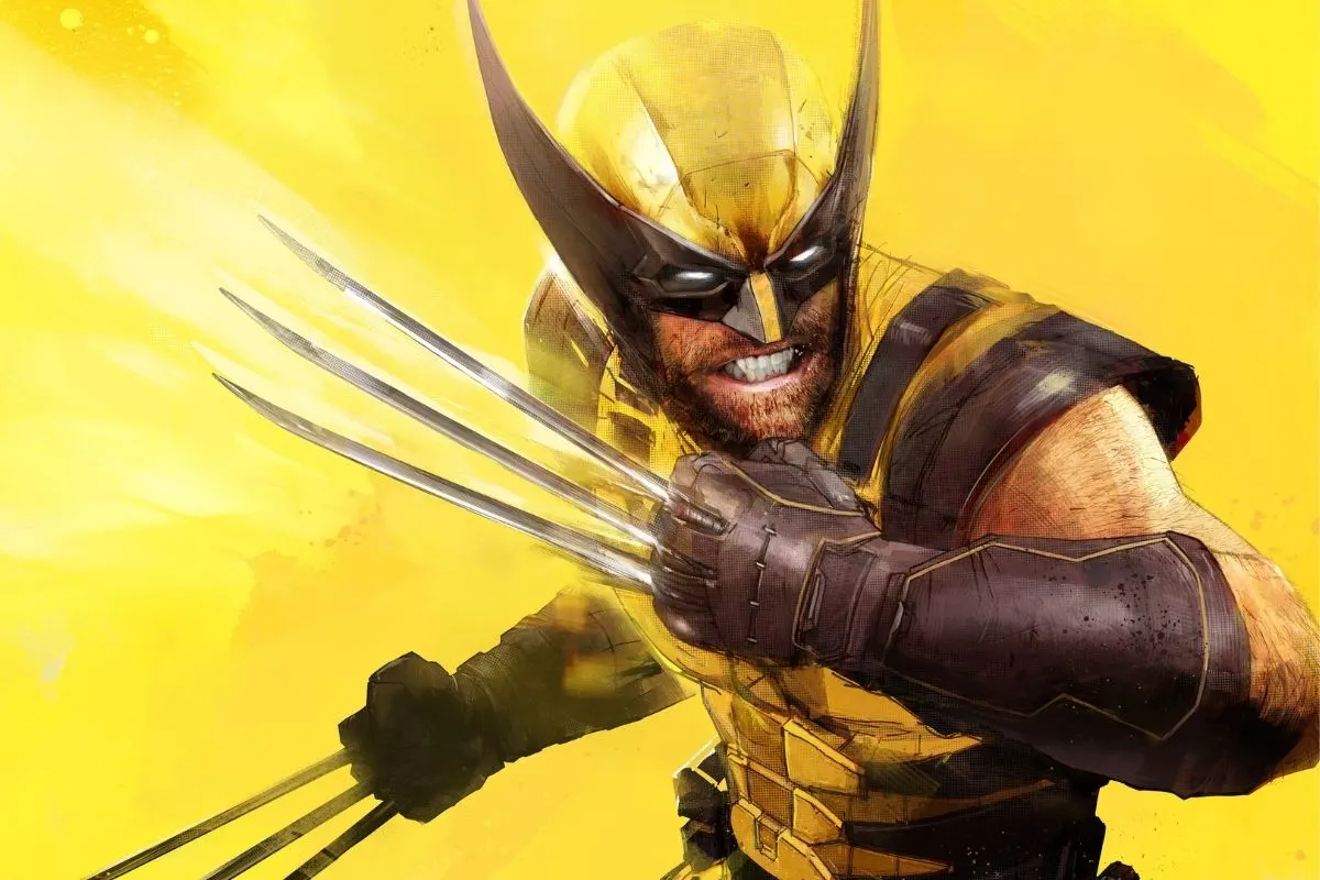 Wolverine con garras extendidas en pose de combate sobre fondo amarillo.