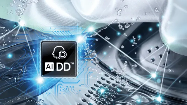 Tecnología AI DD de LG con tambor y fibras iluminadas en fondo tecnológico.