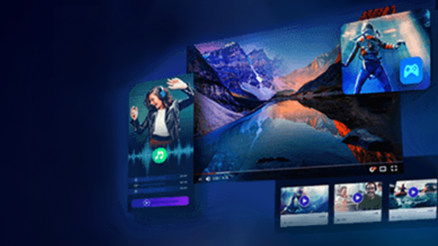 Pantalla azul con ventanas flotantes que muestran una mujer con auriculares, un paisaje montañoso y vídeos de videojuegos.