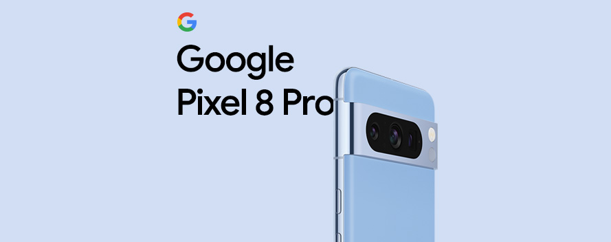 Logotipo de Google junto a la marca "Google Pixel 8 Pro". Se aprecia un móvil azul claro con triple cámara trasera.