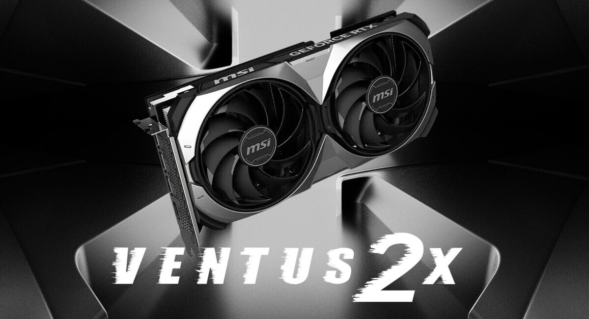 Tarjeta gráfica MSI GeForce RTX Ventus 2X, con dos ventiladores negros, sobre fondo abstracto gris y texto blanco.