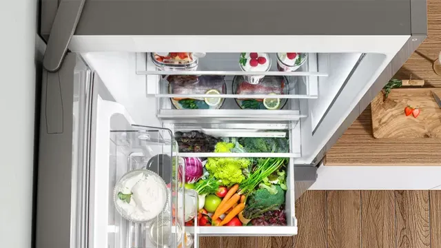 Vista cenital de un frigorífico mostrando como los cajones y estantes pueden extraerse por completo, incluso con el frigorífico pegado a una pared