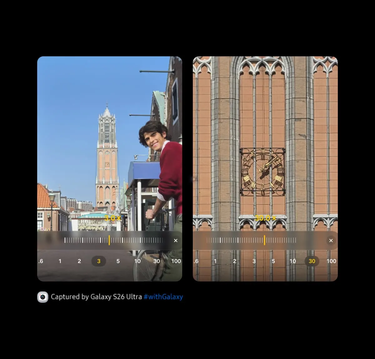 Dos pantallas de móvil mostrando una ciudad: a la izquierda una torre con una persona en primer plano, a la derecha un zoom del reloj de la torre.