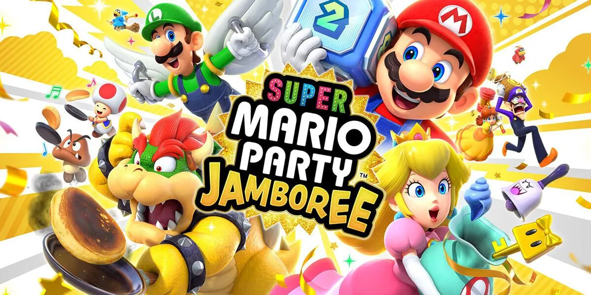 Portada de videojuego "Super Mario Party Jamboree" con personajes como Mario, Luigi, Bowser, Peach y otros sobre fondo amarillo.