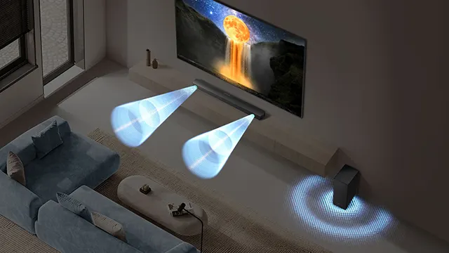 Sala moderna con pantalla, barra de sonido y subwoofer; haces de luz azul ilustran sonido envolvente Dolby Audio y DTS Virtual:X.