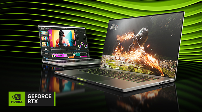 Dos portátiles con imágenes muy vivas sobre un fondo verde ondulado y abajo a la izquierda el logo de nVIDIA GeForce RTX
