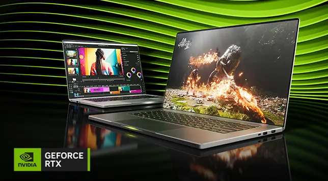 Dos portátiles con imágenes muy vivas sobre un fondo verde ondulado y abajo a la izquierda el logo de nVIDIA GeForce RTX