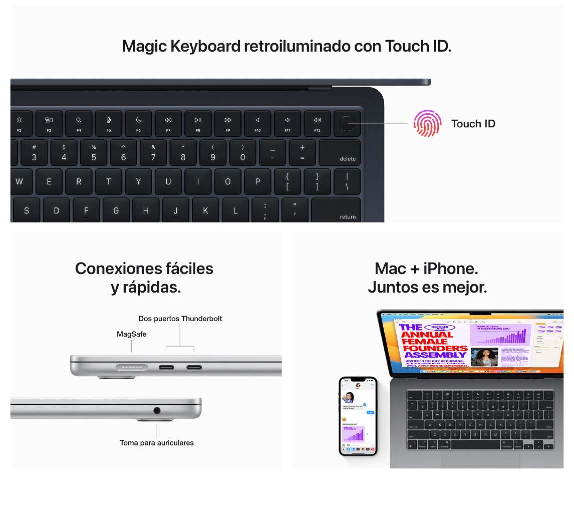 Teclado Magic negro con Touch ID, puertos Thunderbolt, MagSafe y toma para auriculares, junto a un iPhone y un Mac.