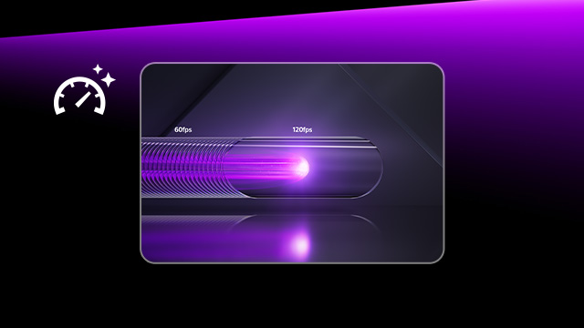 Fondo morado con gráfico de velocidad blanco. Un cilindro muestra líneas moradas que van de 60 fps a 120 fps con un brillo.