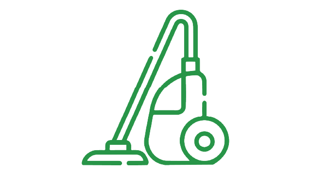 Aparato de limpieza doméstico, delineado en verde, con tubo, cuerpo y ruedas sobre fondo blanco.