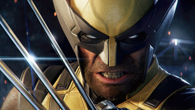 Primer plano de Lobezno con casco amarillo, gesto desafiante y garras metálicas cruzadas brillando sobre un fondo oscuro con luces borrosas.