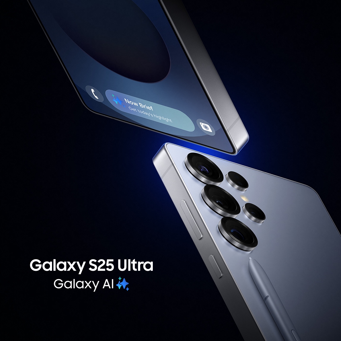 Dos teléfonos con pantallas azules; uno muestra una notificación y el otro tiene múltiples lentes de cámara.