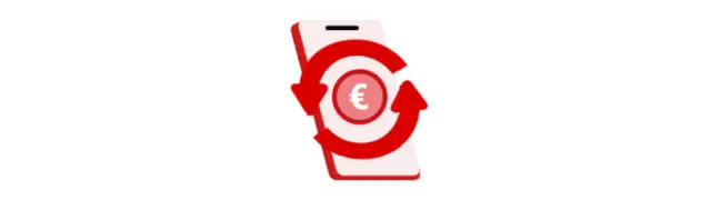 Un teléfono móvil blanco con una flecha circular roja alrededor de un círculo rojo con un símbolo de euro.