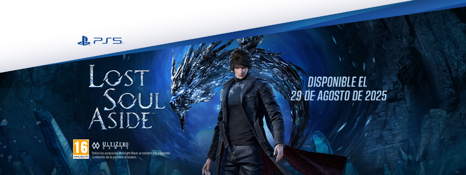 Banner del juego "Lost Soul Aside" para PS5. Personaje oscuro frente a dragón. Fondo místico. Texto: "Disponible el 30 de mayo de 2025."