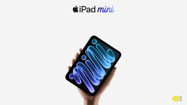 Mano sosteniendo un iPad mini con pantalla de ondas azules y logotipo de iPad mini en la parte superior.