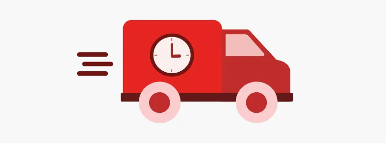 Camión rojo con un reloj en la puerta y líneas marrones que indican movimiento sobre un fondo blanco.