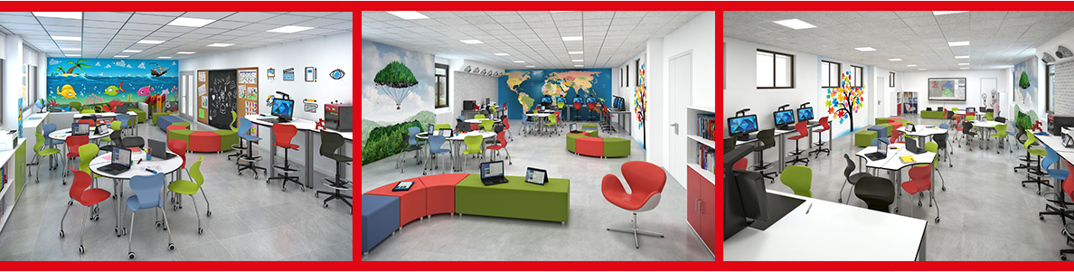 Salones de clases con mesas redondas, sillas de colores, murales de paisajes y mapas, y computadoras en escritorios altos.