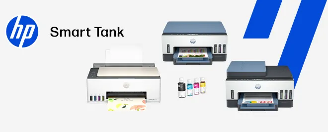 Impresoras HP Smart Tank con botellas de tinta y hojas a color sobre fondo claro.