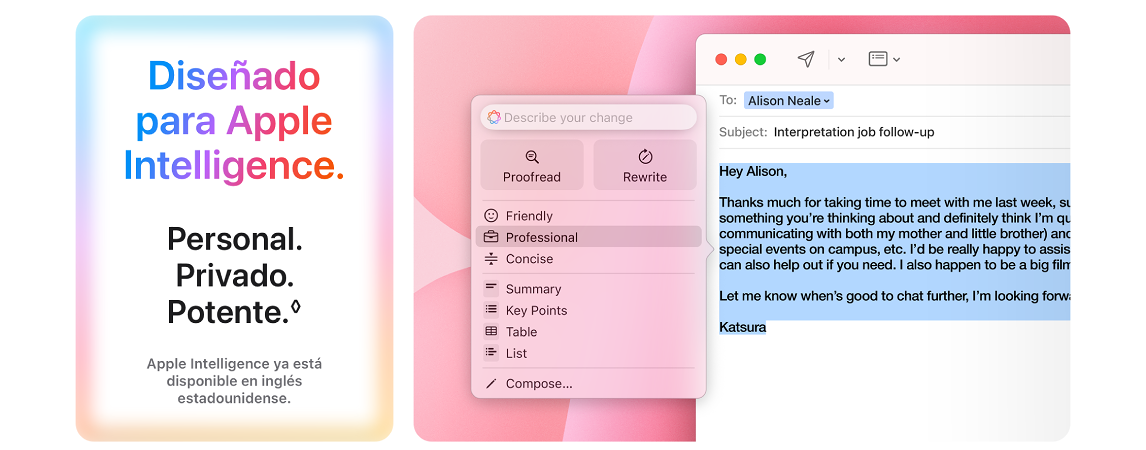 Capturas de pantalla con texto promocional, ventana de correo electrónico y menú de opciones de edición de texto.