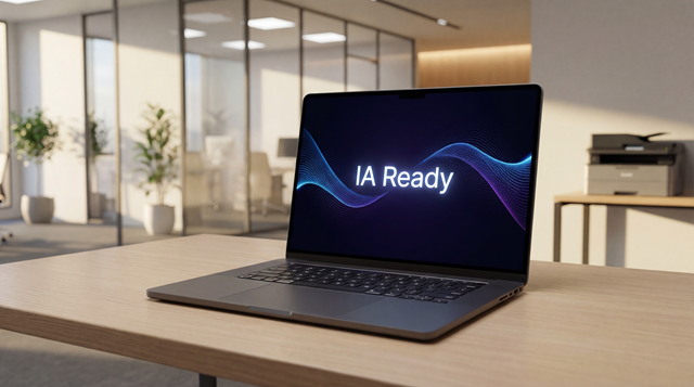 Oficina moderna con un portátil sobre una mesa. En la pantalla de éste se puede leer "IA Ready".
