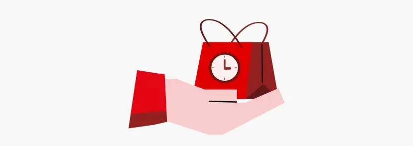 Una mano sostiene una bolsa roja con un reloj blanco que marca la una. Fondo blanco.