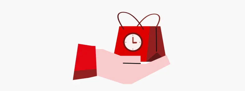 Una mano sostiene una bolsa roja con un reloj blanco que marca la una. Fondo blanco.