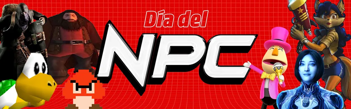 Banner del Día del NPC con personajes icónicos de videojuegos sobre un fondo rojo con texto en negrita.