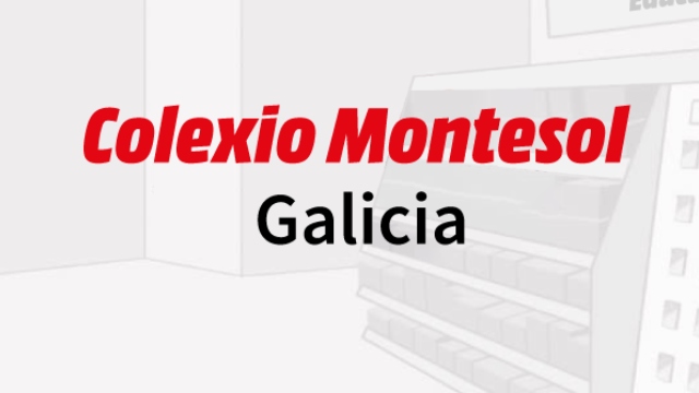 Texto en fondo blanco con "Colexio Montesol" en rojo y "Galicia" en negro. Edificio blanco con múltiples ventanas.