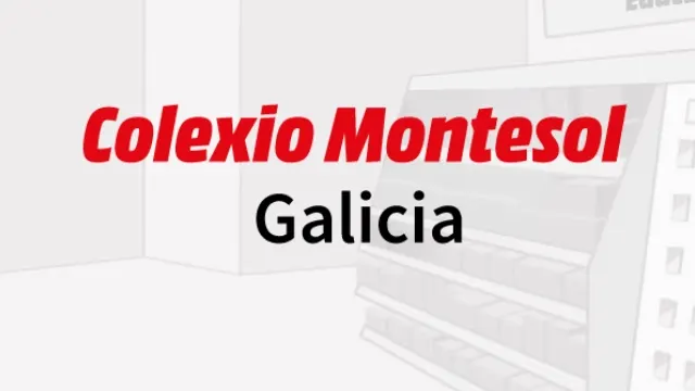 Texto en fondo blanco con "Colexio Montesol" en rojo y "Galicia" en negro. Edificio blanco con múltiples ventanas.
