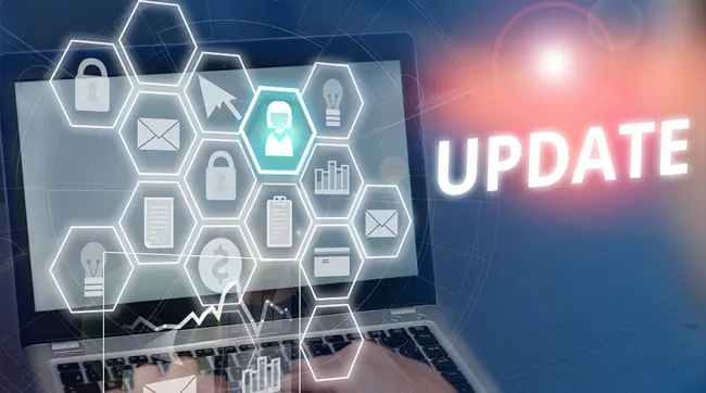 Un portátil muestra iconos blancos en forma de hexágono, incluyendo un candado y un sobre. A la derecha, la palabra "UPDATE" brilla.
