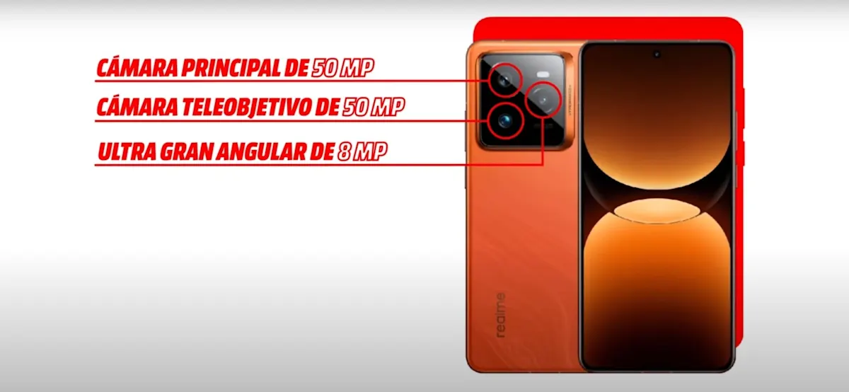 Teléfono móvil con tres cámaras traseras y pantalla. La cámara principal es de 50MP, teleobjetivo de 50MP y ultra gran angular de 8MP.