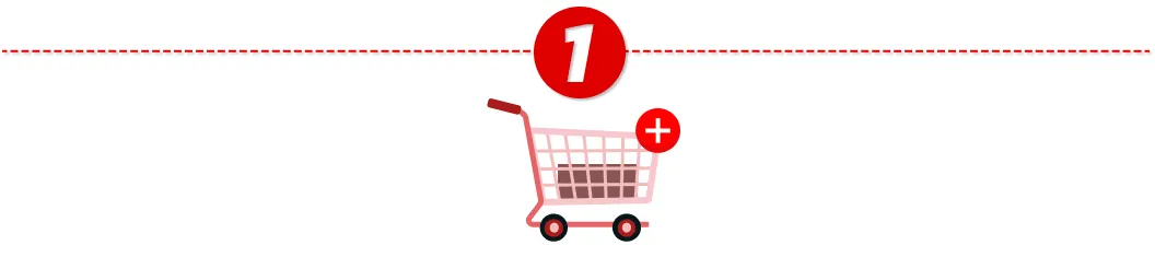 Carro de compras rosa con ruedas negras, signo de más rojo y círculo rojo con número uno blanco.