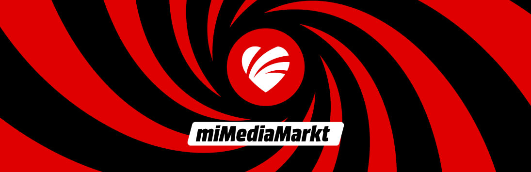 Banner con fondo rojo y negro en espiral, texto “-15%” y logo miMediaMarkt, destacando una promoción exclusiva para miembros de miMediaMarkt.