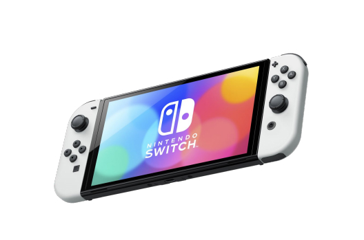 Consola Nintendo Switch blanca con pantalla LCD que muestra el logo y la palabra Nintendo. Tiene controles a ambos lados.