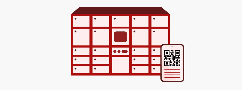 Estantería roja con casilleros blancos y un móvil con código QR en la pantalla.